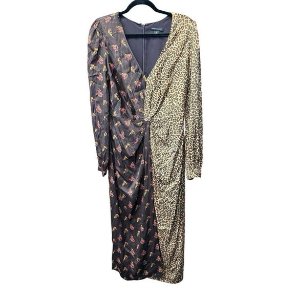 Something Navy Brown Leopard Floral Mixed Print Twist Wrap Dress M - Picture 6 of 14